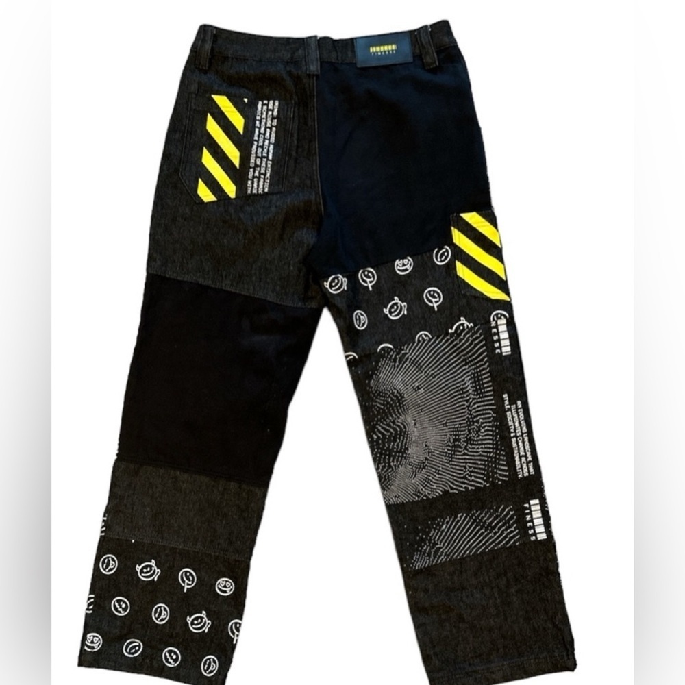 Black and Yellow Straight Leg Jeans with Patchwork Design